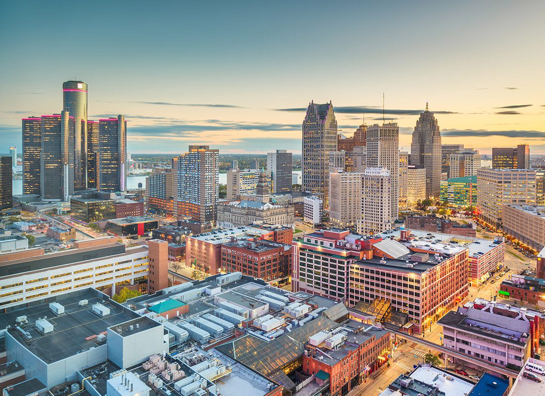 Contact - Aerial View of Detroit, Michigan Skyline During Sunset